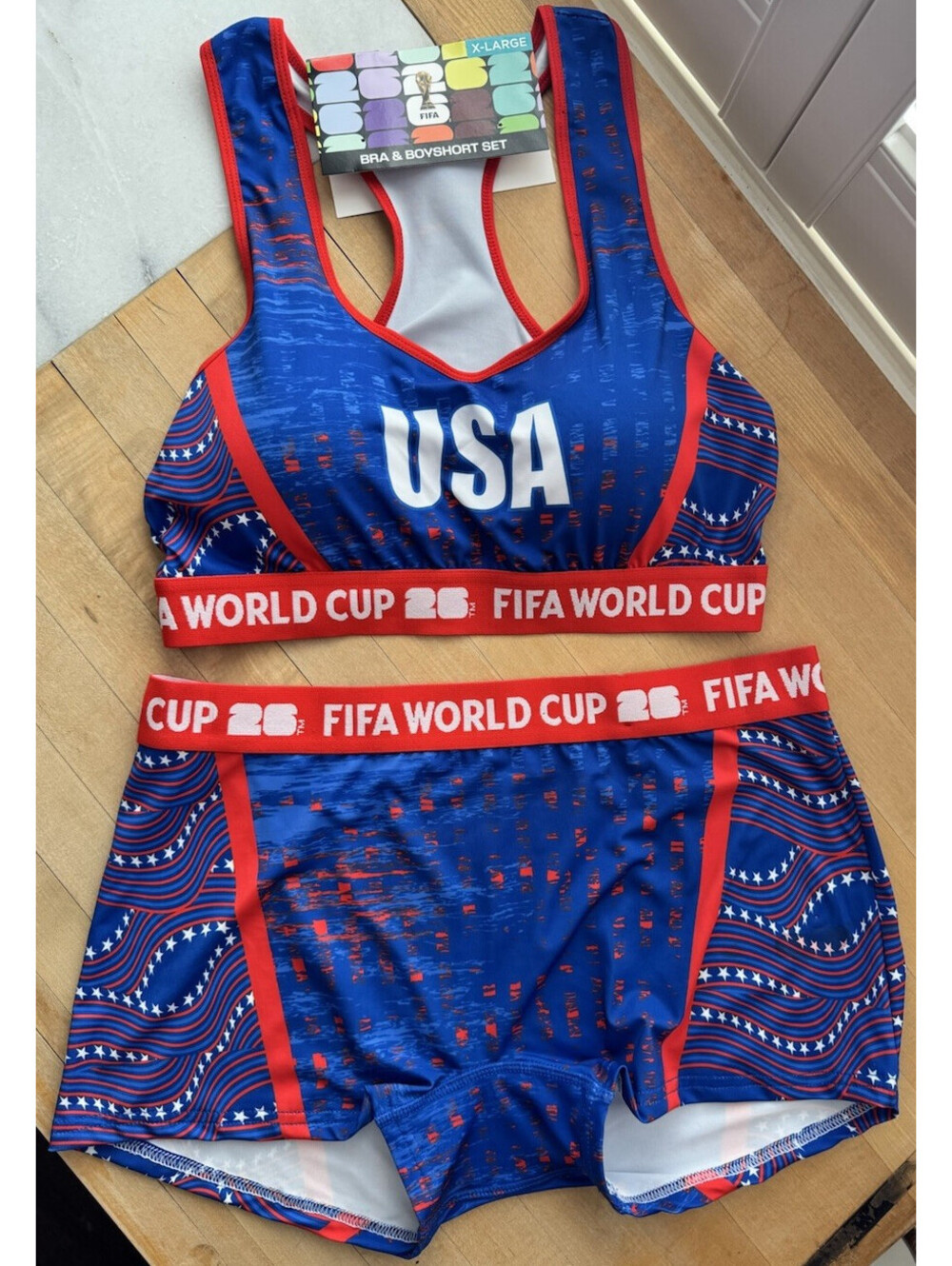 FIFA World Cup 26 USA Wireless Sports Bra & Boyshort Set XL Red White Blue Stars